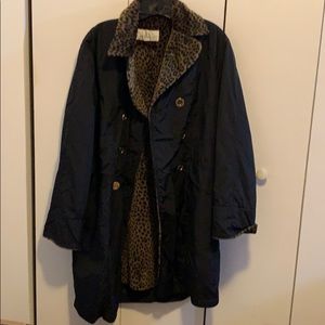 Black nylon pea coat with leopard lining